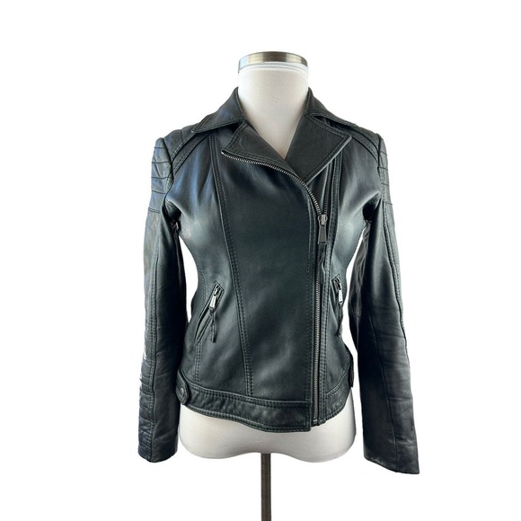 Michael Michael Kors Motorcycle Leather Jacket Distress Black Zip Moto Womens M - Picture 6 of 16